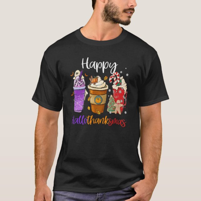 T-shirt Joyeux Hallothanksmas Café Latte Halloween Merci (Devant)