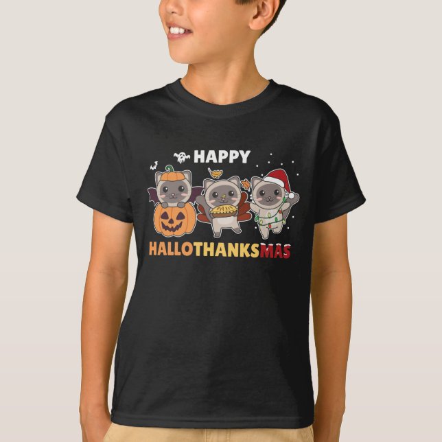 T-shirt Joyeux Hallothanksmas Cat Christmas Elephant (Devant)