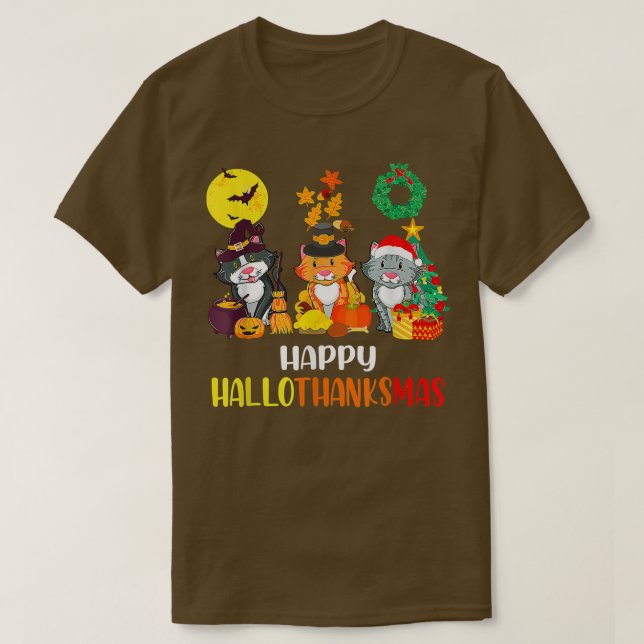 T-shirt Joyeux Hallothanksmas Chat Halloween Noël Merci (Design devant)
