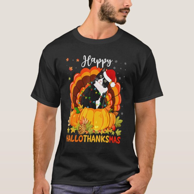 T-shirt Joyeux Hallothanksmas Chat noir Citrouille Santa H (Devant)