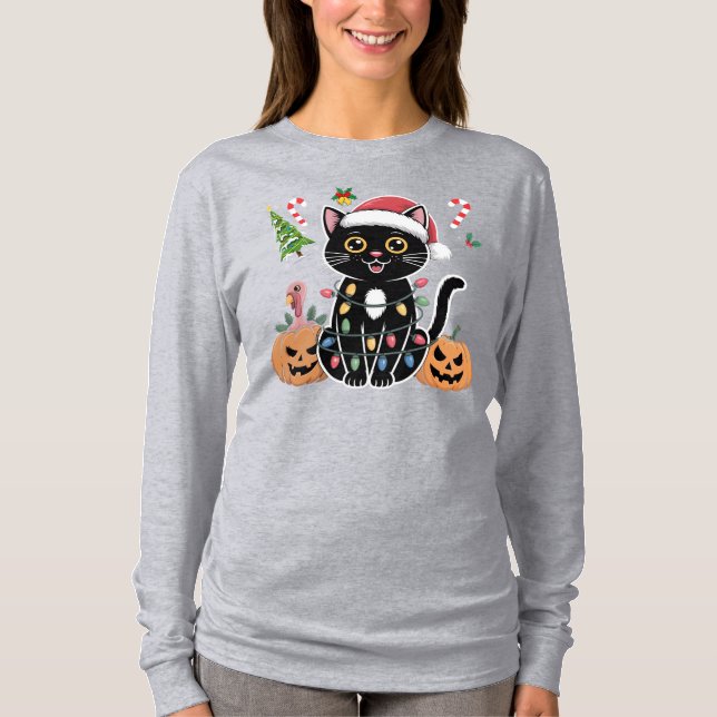 T-shirt Joyeux Hallothanksmas Chat Noir Halloween Citrouil (Devant)
