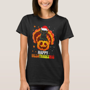 T-shirt Joyeux Hallothanksmas Chat Noir Santa Citrouille D