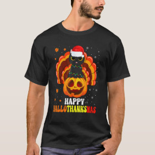 T-shirt Joyeux Hallothanksmas Chat Noir Santa Citrouille D