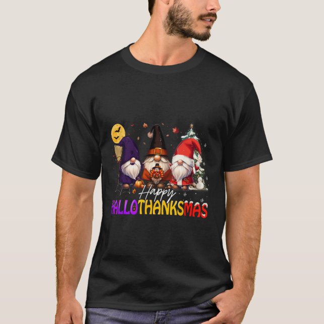 T-shirt Joyeux Hallothanksmas Gnome Halloween Thanksgiving (Devant)