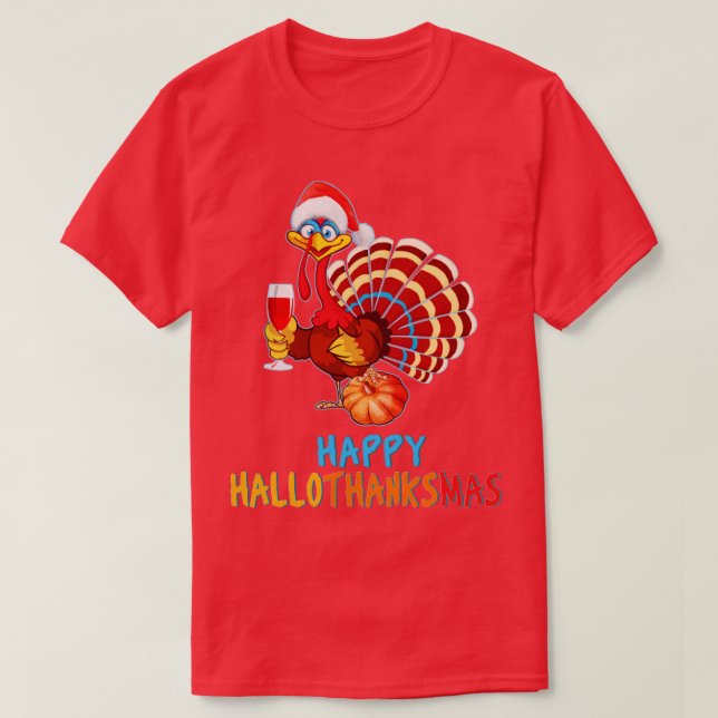 T-shirt Joyeux Hallothanksmas Halloween Thanksgiving Noël (Design devant)