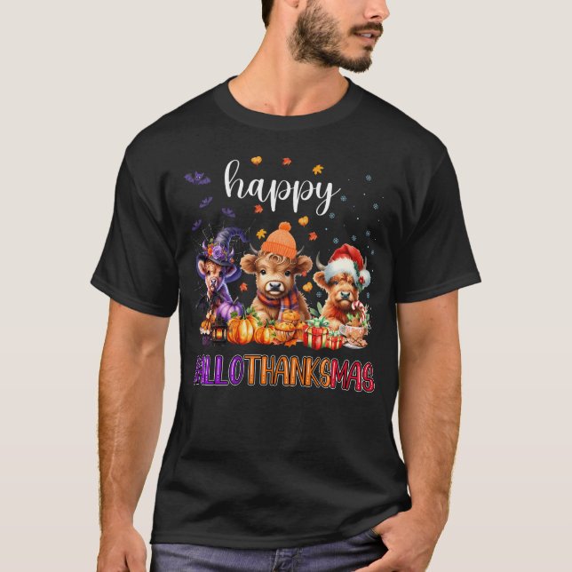 T-shirt Joyeux Hallothanksmas Highland Cow Halloween Joyeu (Devant)