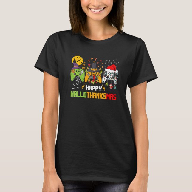 T-shirt Joyeux Hallothanksmas Jeux Vidéo Contrôleur Jeux (Devant)