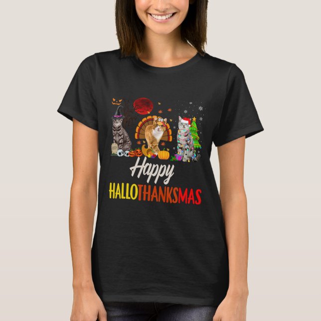 T-shirt Joyeux Hallothanksmas Père Noël Cat (Devant)