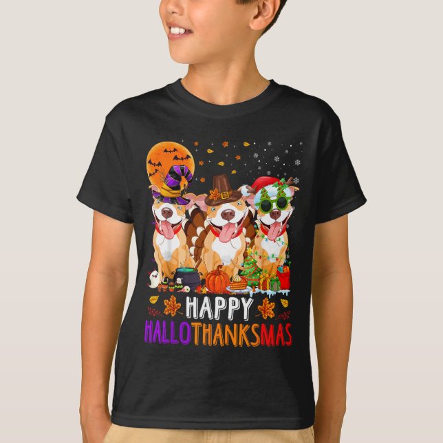 T-shirt Joyeux Hallothanksmas Pitbull Chien Halloween (Devant)