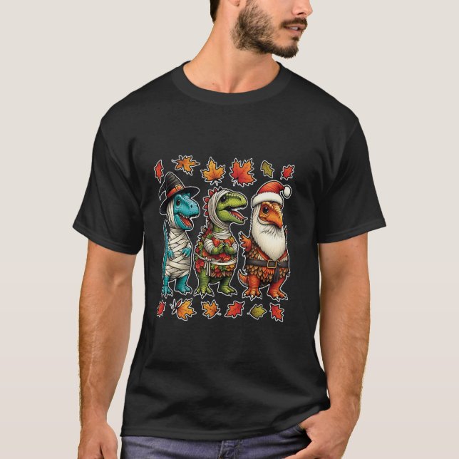 T-shirt Joyeux Hallothanksmas Thanksgiving Dinosaur Trex T (Devant)
