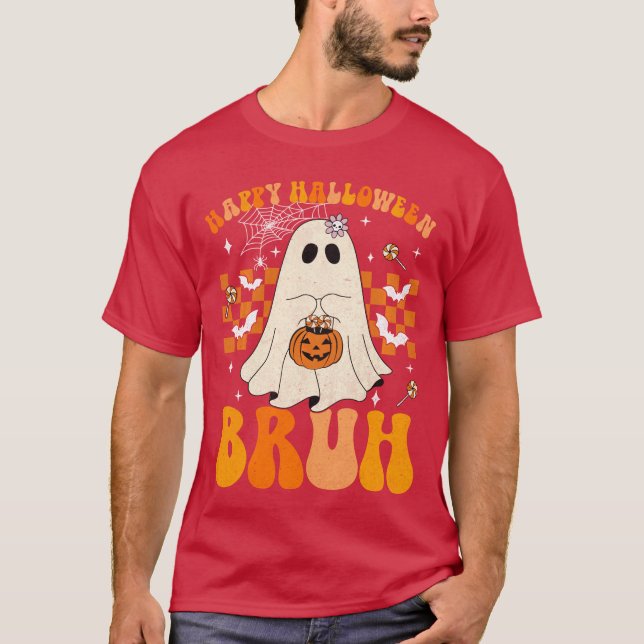 T-shirt Joyeux Halloween Bruh Ghost Citrouille Candy Trick (Devant)