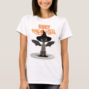 T-shirt Joyeux Halloween. Chat avec ailes et casquette de
