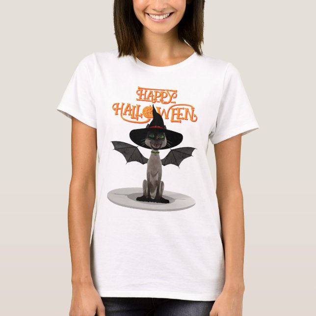 T-shirt Joyeux Halloween. Chat avec ailes et casquette de  (Devant)