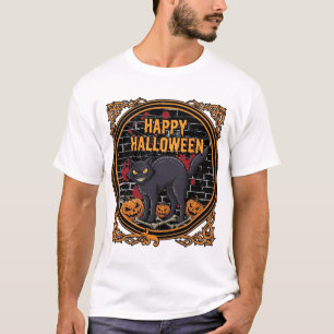 T-shirt Joyeux Halloween Chat Noir Citrouilles Os_1