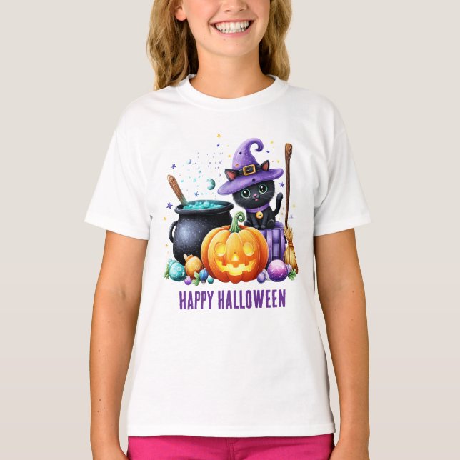 T-shirt Joyeux Halloween Chat Sorcière Noire (Devant)