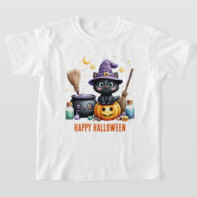 T-shirt Joyeux Halloween Chat Sorcière Noire (Poser)