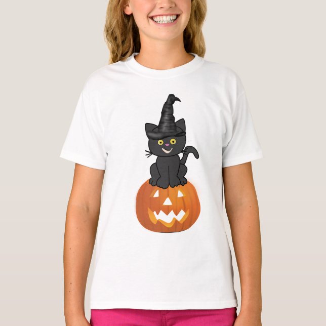 T-shirt joyeux Halloween chatte et citrouille (Devant)