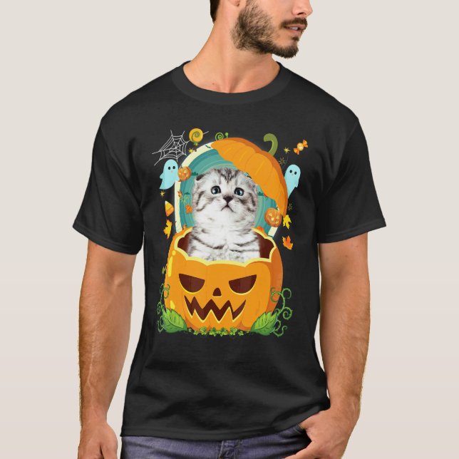 T-shirt Joyeux Halloween Citrouille Chat Scottish Fold Sor (Devant)