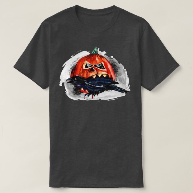 T-shirt Joyeux Halloween Citrouille manger corbeau (Design devant)