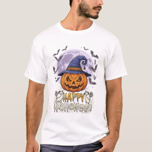 T-shirt Joyeux Halloween Citrouille Sorcière Chapeau Chauv