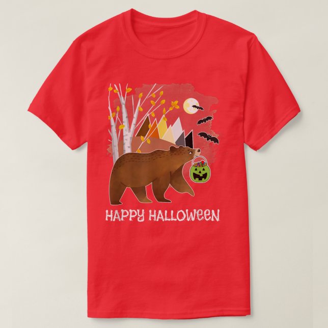 T-shirt Joyeux Halloween Cute Bear Mountains Birch Trees F (Design devant)