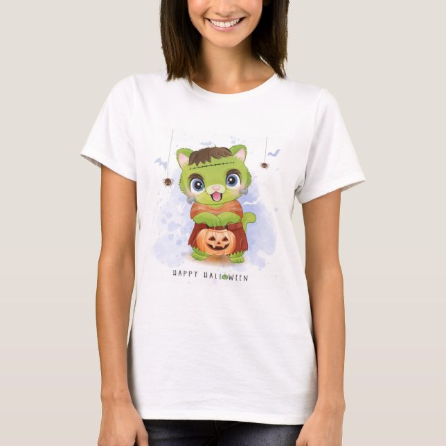 T-shirt Joyeux Halloween Cute Frankienkitty (Devant)