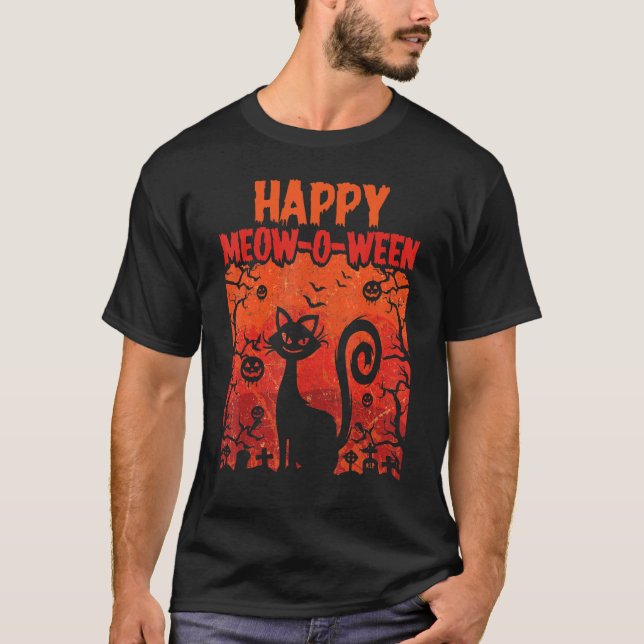 T-shirt Joyeux Halloween Meow O Ween Mignon Chat Noir Part (Devant)