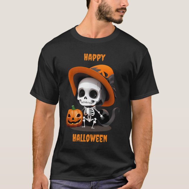 T-shirt Joyeux Halloween Mignon Kawaii Squelette & Citroui (Devant)