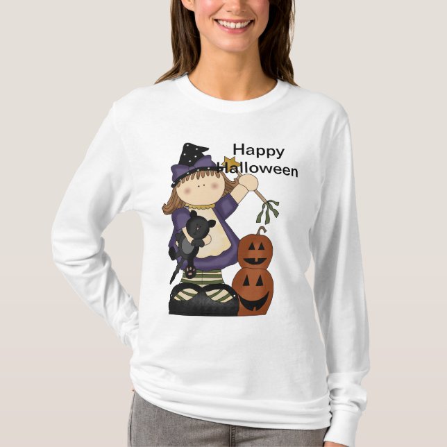 T-shirt Joyeux Halloween petite sorcière long manches (Devant)