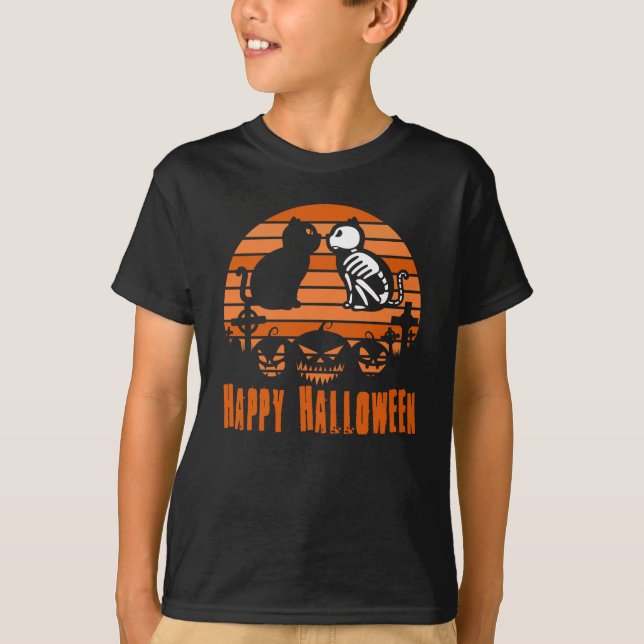 T-shirt Joyeux Halloween Skeleton Chat Retro Sunset (Devant)