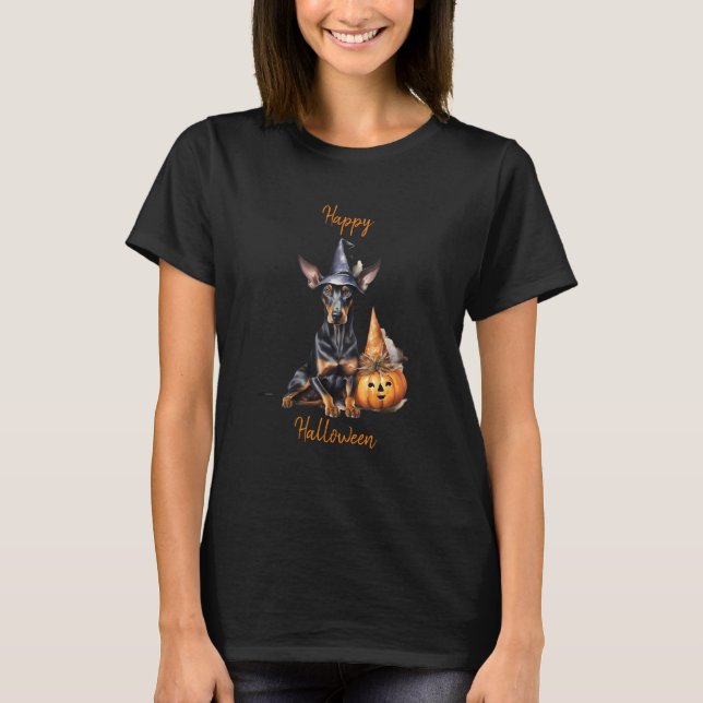T-shirt Joyeux Halloween Sorcière Doberman Pinscher (Devant)