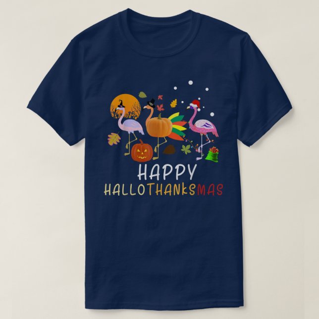 T-shirt Joyeux Halloween Thanksgiving Noël Flamant rose Pu (Design devant)