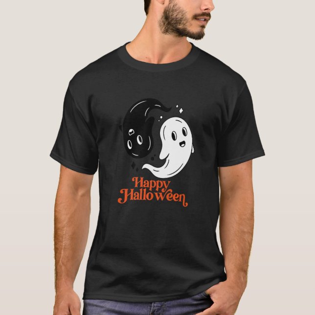 T-shirt Joyeux Halloween Yin et Yang Black and White Ghost (Devant)
