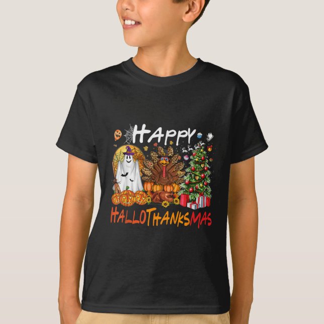 T-shirt Joyeux Hallowthanksmas Automne Noël Halloween Fam (Devant)