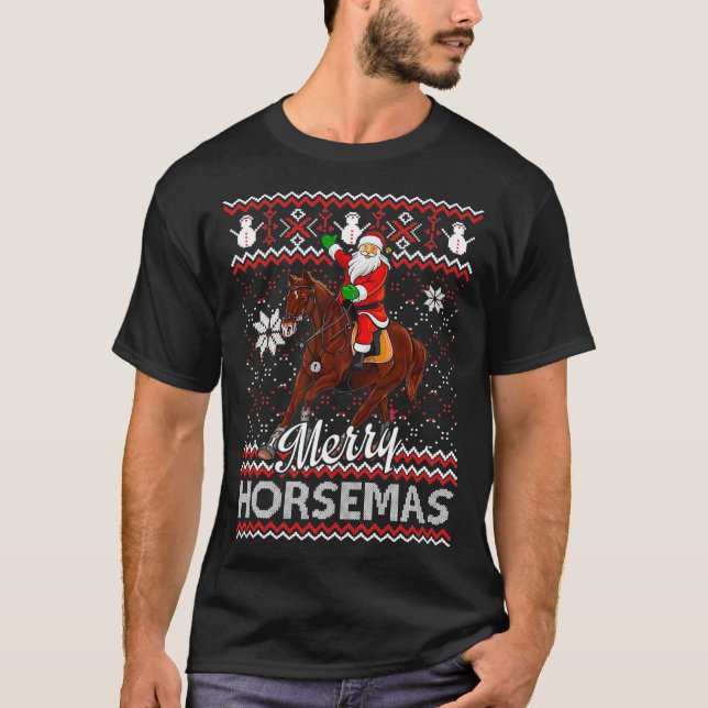 T-shirt Joyeux Horsemas Santa Claus équitation Cheval laid (Devant)