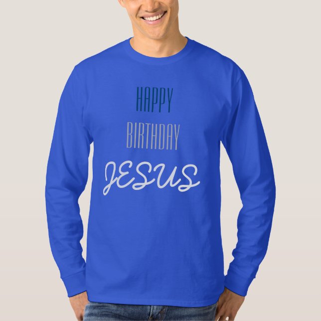 T-shirt Joyeux JESUS d'anniversaire - bleu, blanc et gris  (Devant)