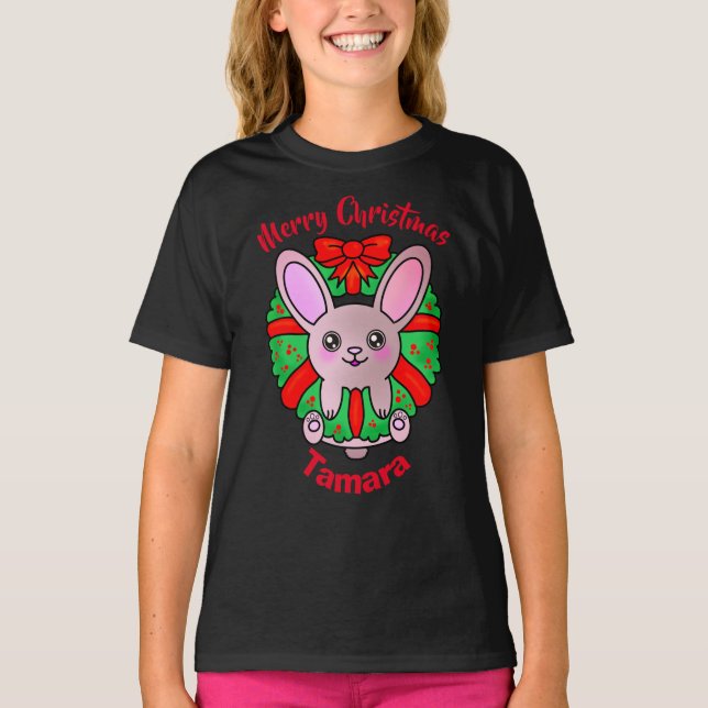 T-shirt Joyeux lapin adorable de Noël en couronne (Devant)