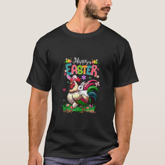 T-shirt Joyeux lapin de Pâques équitation Cravate de corbe (Devant)
