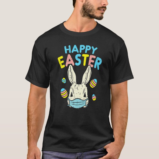 T-shirt Joyeux lapin de Pâques portant le visage Masque OE (Devant)