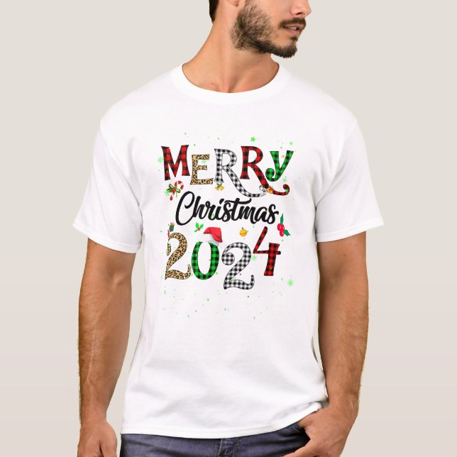 T-shirt Joyeux Noël 2024 Léopard Buffalo Plaid Red Gre (Devant)