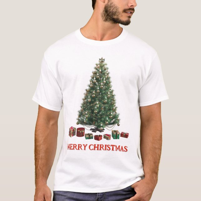 T-shirt Joyeux Noël. Arbre (conception 1) avec cadeaux (Devant)