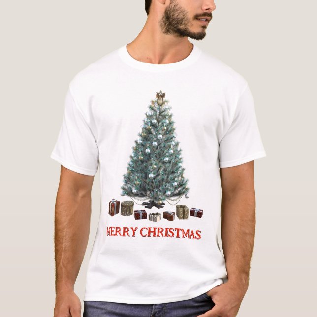 T-shirt Joyeux Noël. Arbre (conception 3) avec cadeaux (Devant)