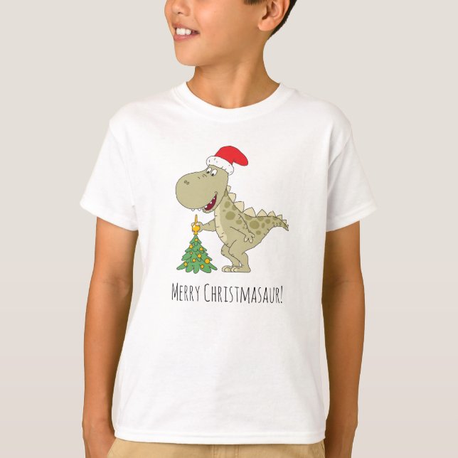 T-shirt Joyeux Noël Arbre mignonne Dinosaure Santa Hat (Devant)