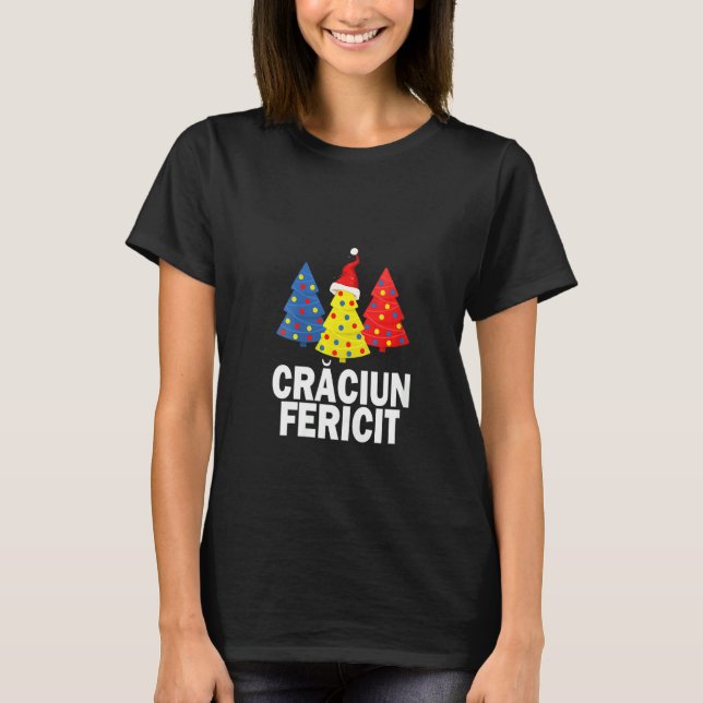 T-shirt Joyeux Noël Arbre roumain Roumanie Drapeau (Devant)