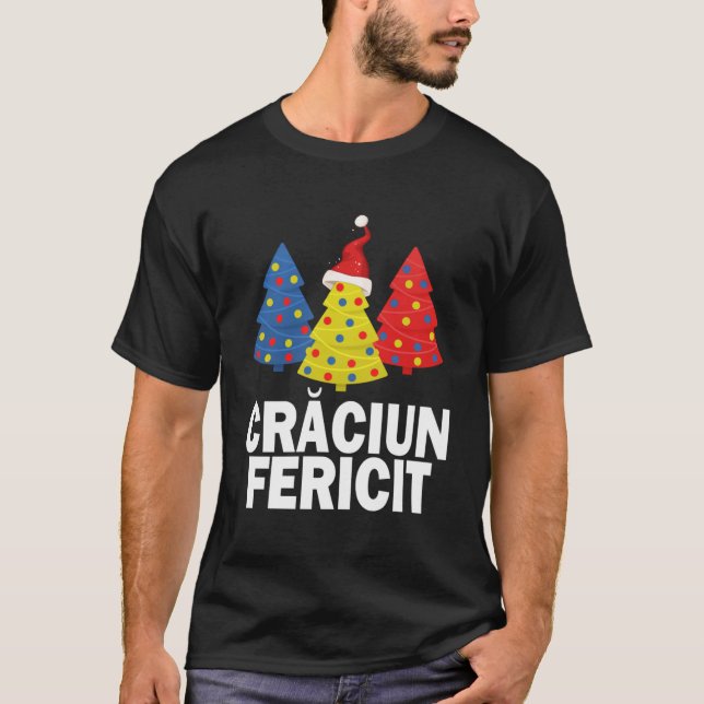 T-shirt Joyeux Noël Arbre roumain Roumanie Drapeau Casquet (Devant)