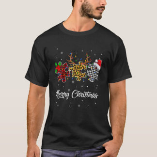 T-shirt Joyeux Noël Autisme Puzzle Leopard Santa Hat Co