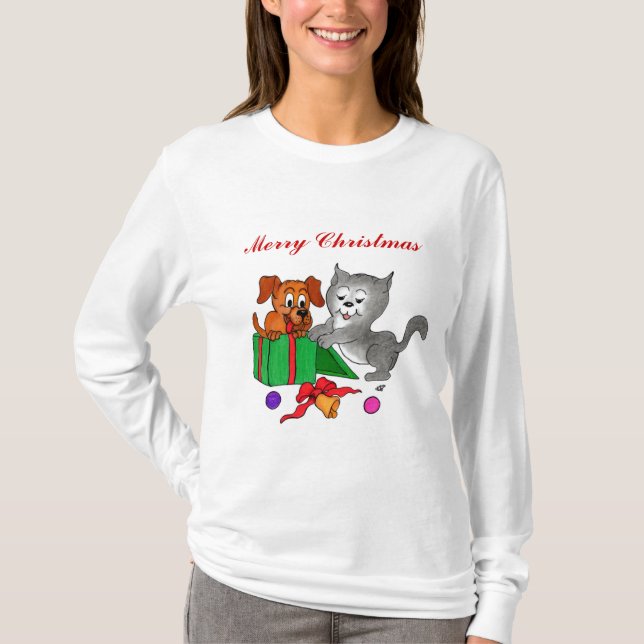 T-shirt Joyeux Noël avec chat et chiot (Devant)