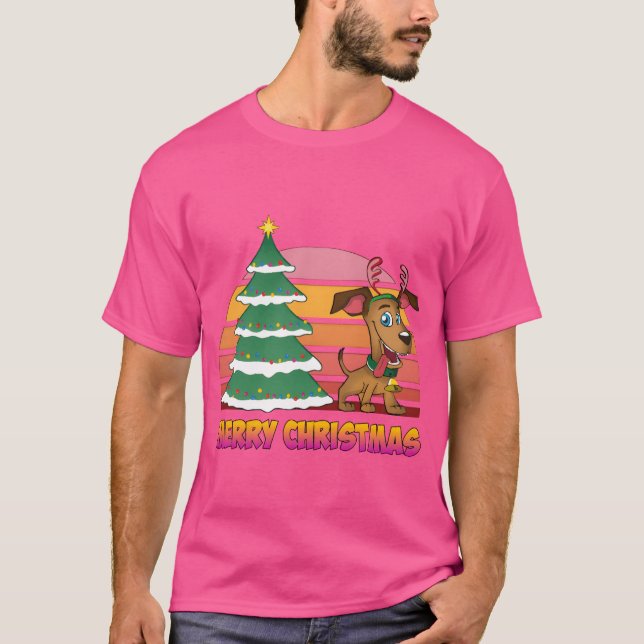 T-shirt Joyeux Noël avec sapin de Noël et chien mignon b (Devant)
