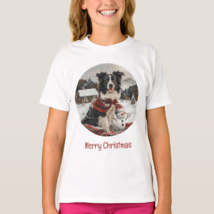 T-shirt Joyeux Noël Bordure Collie Chien Snowman