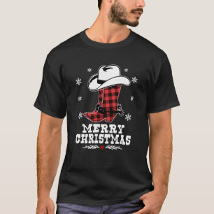 T-shirt Joyeux Noël Bottes de Cowboy Rouge Buffalo Plaid W